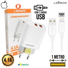Kit Carregador 2 USB + Cabo Lightning 1m LE-495 Lehmox - Branco